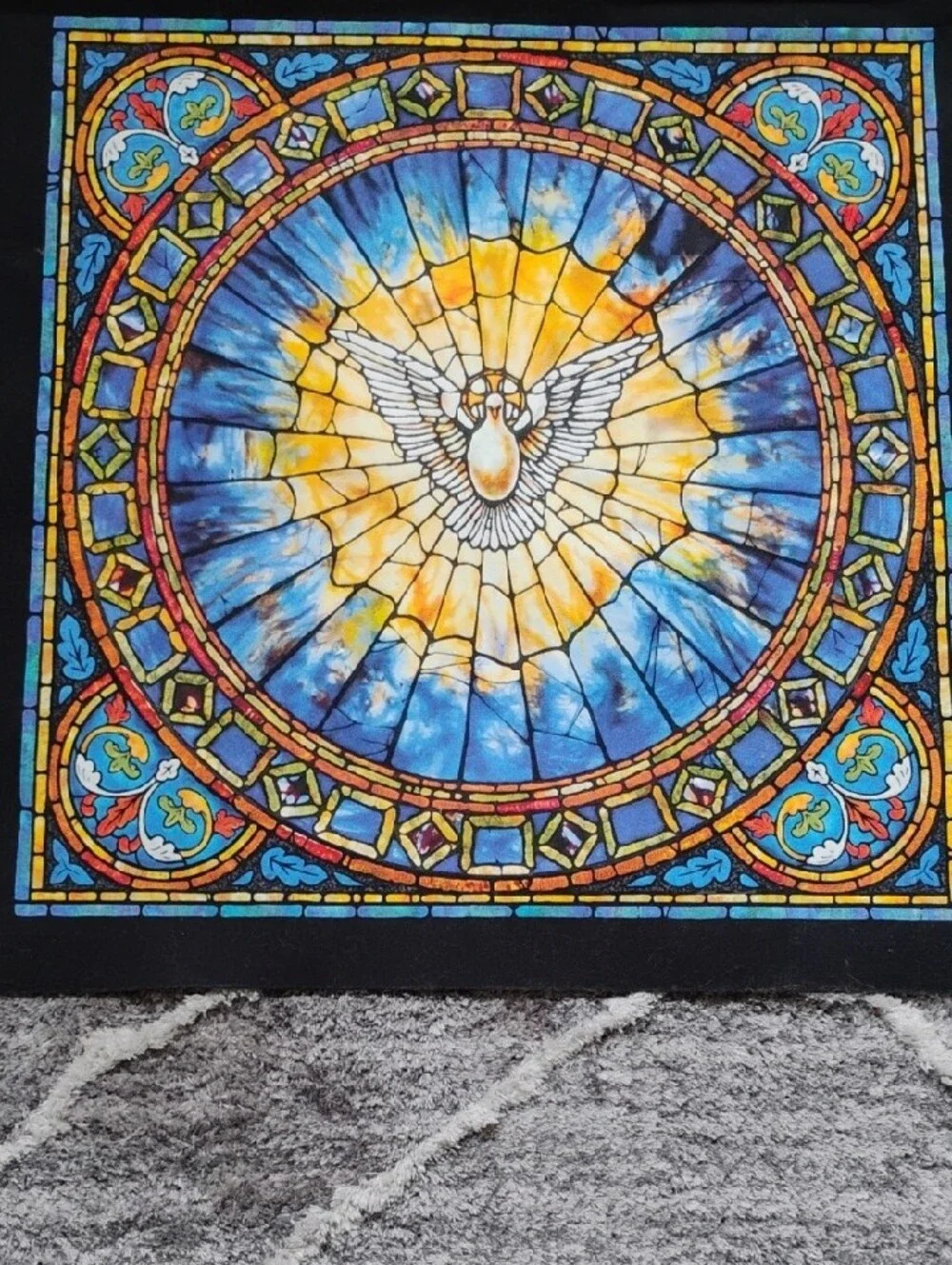 Stained Glass Dove Wall Tapestry - Blue & Yellow